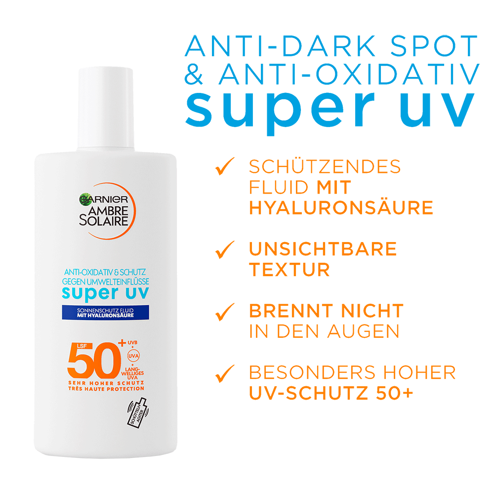 Bild: GARNIER AMBRE SOLAIRE Super UV Sonnenschutzfluid mit Hyaluronsäre LSF 50+