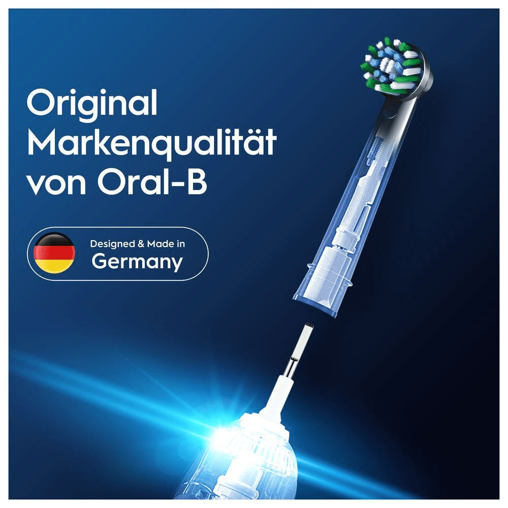 Oral-B Bürstenkopf mit transparentem Design, das die deutsche Markenqualität und Herstellung hervorhebt.