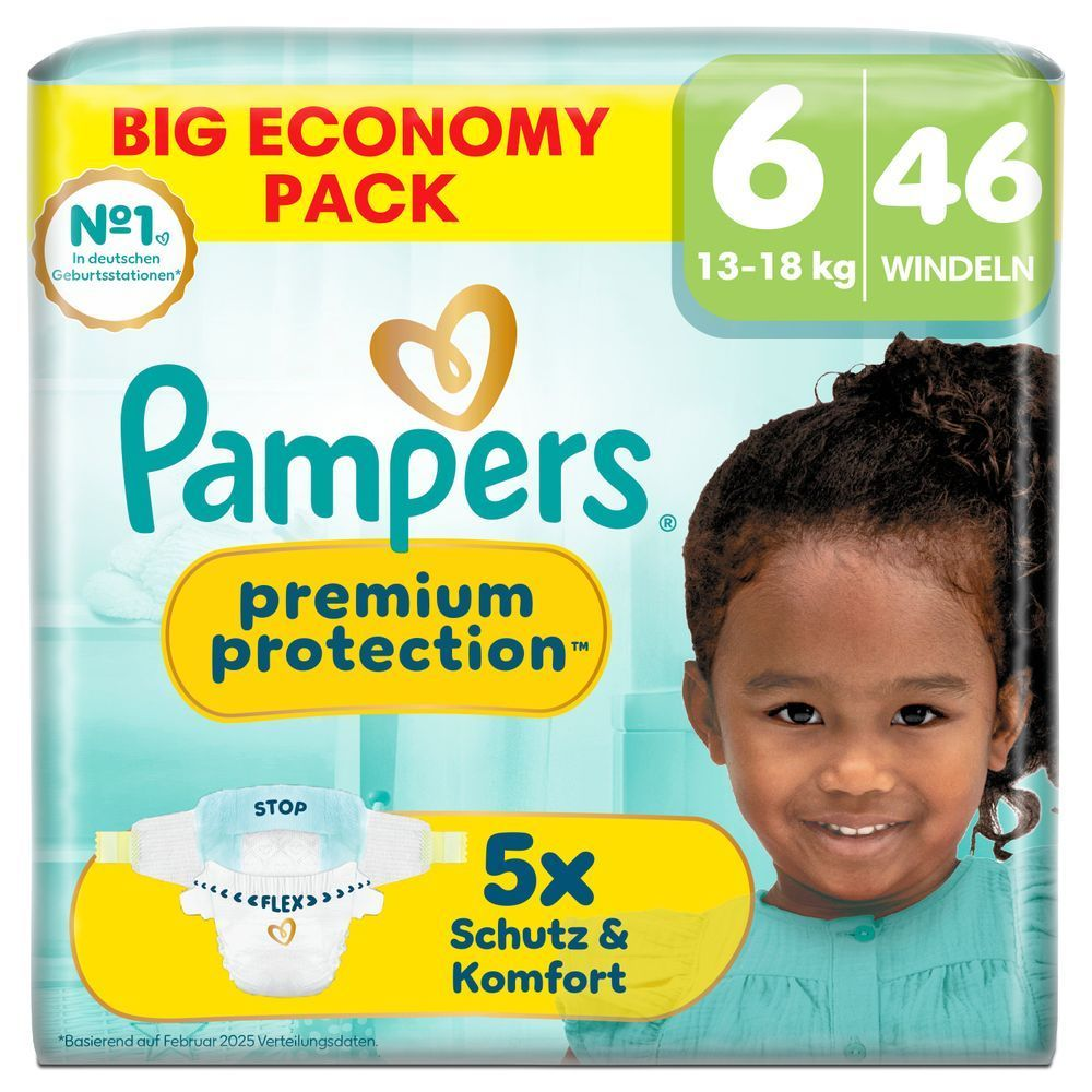 Pampers Premium Protection Big Economy Pack, Größe 6, 46 Windeln, mit 5x Schutz & Komfort.