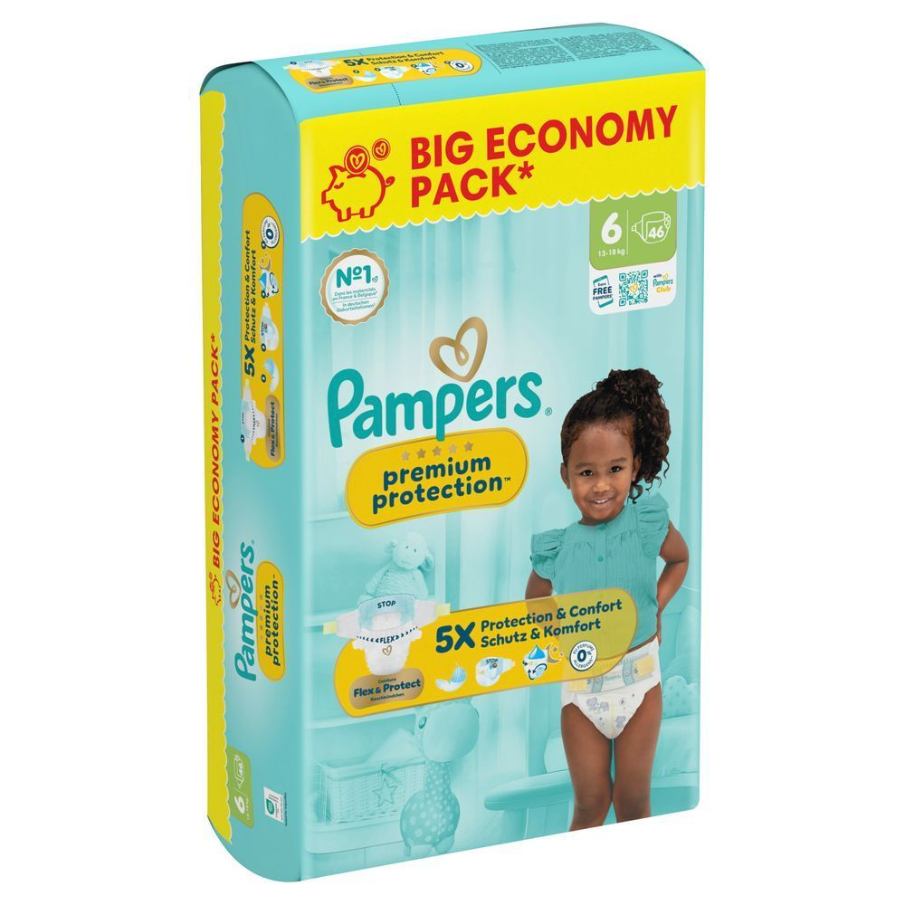 Pampers Premium Protection Windeln im Big Economy Pack, Größe 6, 46 Stück,  mit der Aufschrift "5X Schutz & Komfort".;