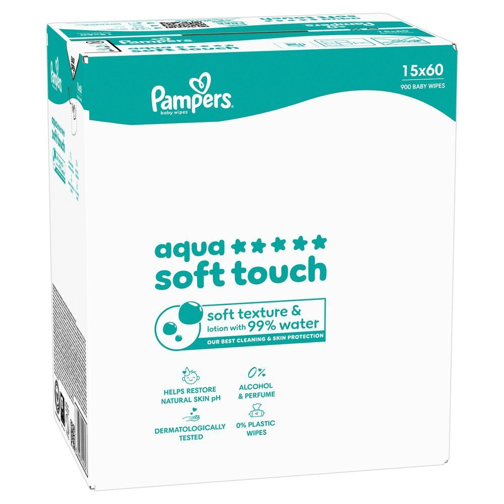 Pampers Aqua Soft Touch Feuchttücher, 900 Stück, 99% Wasser & 0% Plastik im Tuch.