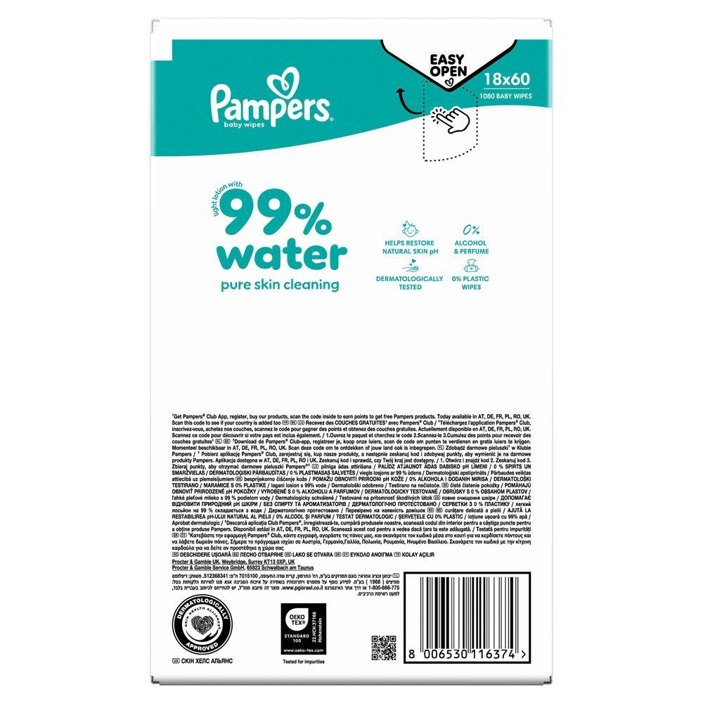 Pampers Feuchttücher mit 99% Wasser.