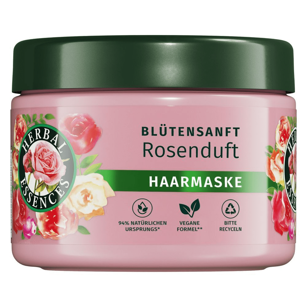 Herbal Essences Blüten Sanft Rosenduft Haarmaske, hervorgehoben mit dem Hinweis "94% natürlichen Ursprungs".