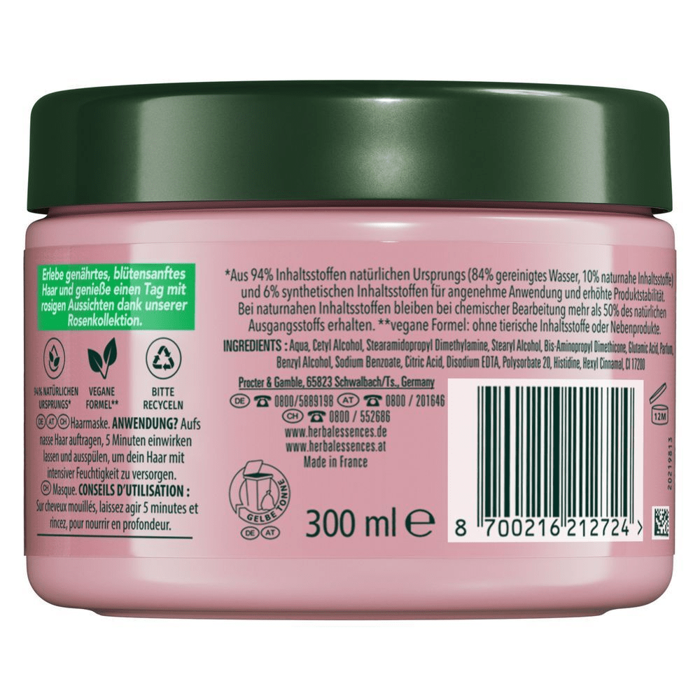 Herbal Essences Haarmaske 300ml Verpackung mit dem Hinweis "94% natürlichen Ursprungs" und veganer Formel.