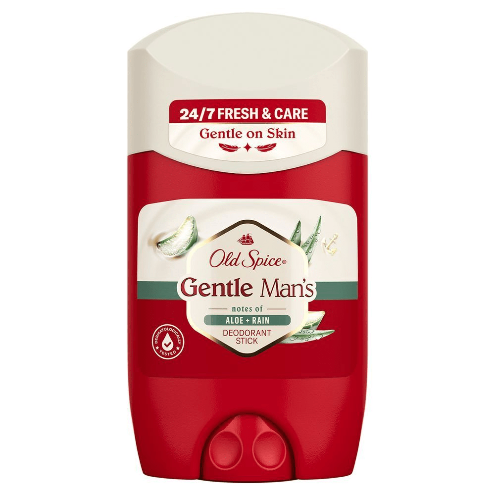 Old Spice Gentle Man’s Deodorant Stick mit Aloe + Rain Duft, beworben mit 24-7 Fresh & Care und Gentle on Skin.