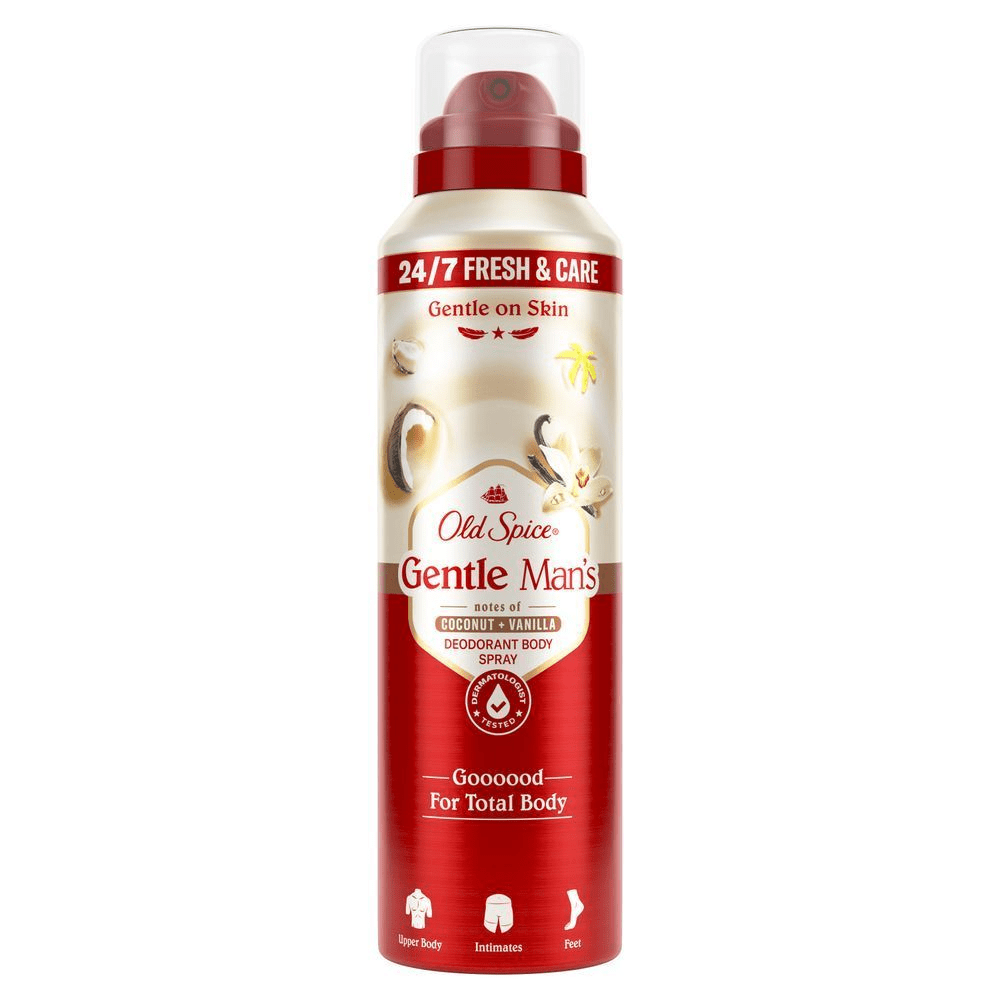 Old Spice Gentle Man’s Deodorant Body Spray mit dem Hinweis 24-7 Fresh & Care und Gentle on Skin.