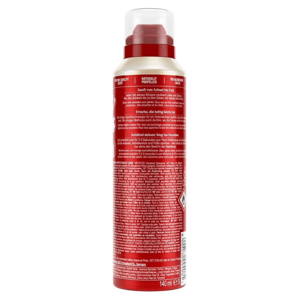 Old Spice Deodorant Bodyspray, mit dem Slogan Sanft von Achsel bis Fuß und 0% Aluminiumsalze.