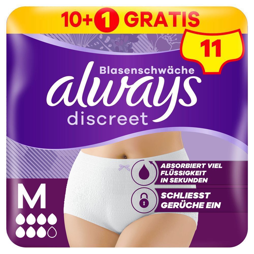 Always Discreet Höschen für Blasenschwäche, Größe M, 10+1 Gratis= 11, absorbiert viel Flüssigkeit in Sekunden, schließt  Gerüche ein