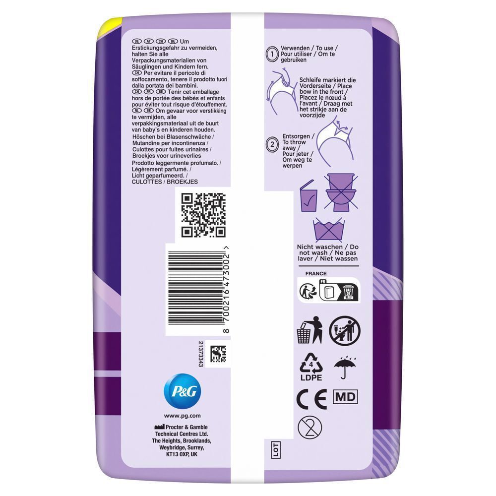 Always Discreet Verpackung mit Anweisungen zur Verwendung und Entsorgung, inklusive Hinweis, dass das Produkt nicht gewaschen werden soll.;