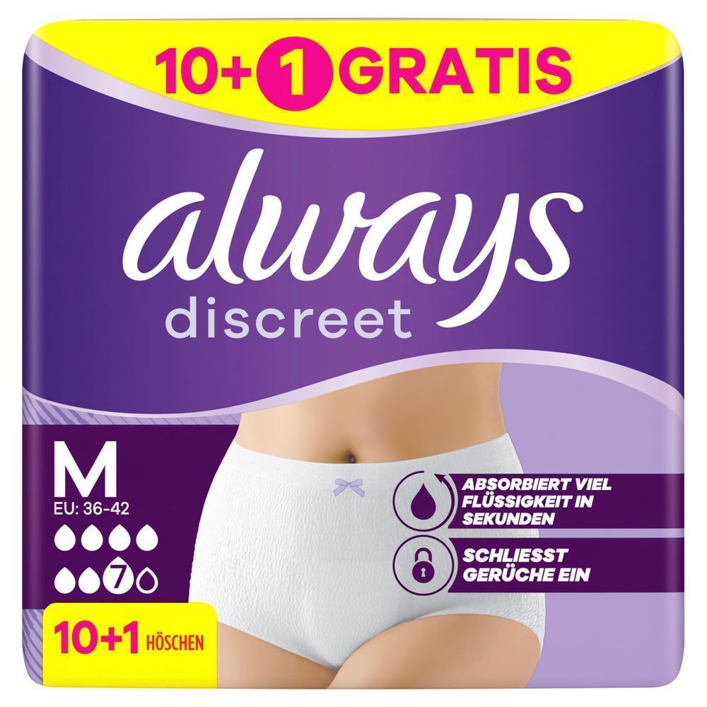 Always Discreet Höschen M, 7 Tropfen, (10+1 Gratis) 11 Stück, absorbiert viel Flüssigkeit in Sekunden, schließt Gerüche ein;
