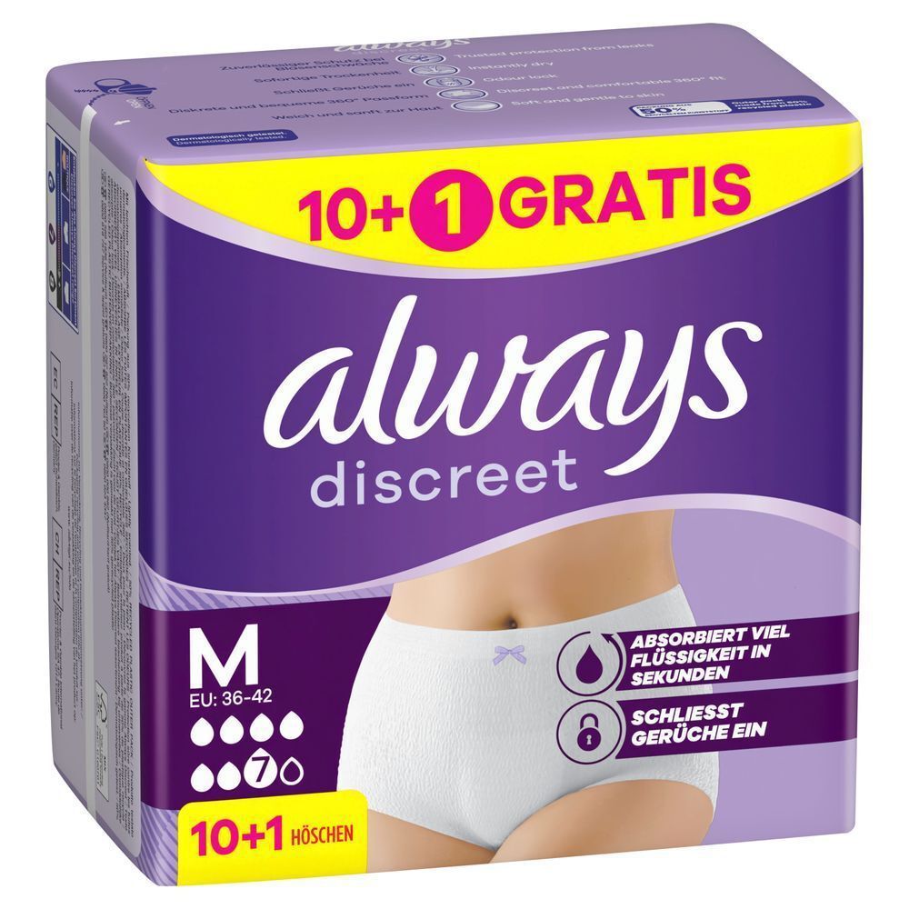 Always Discreet Höschen für Blasenschwäche, 7 Tropfen, Größe M, (10+1 Gratis) 11 Stück, zuverlässiger Schutz;