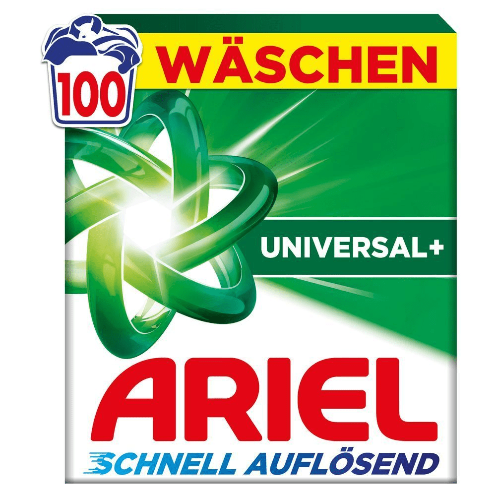 Ariel Universal+, Vollwaschmittel Pulver, 100 Wäschen, Fleck-Weg-Power beim 1.Waschen, Schnell auflösend, Vereinfachte Abildung [EN] Ariel, Powder, Carton, Universal+, 5.030KG, 100 Washes, Front of Pack
