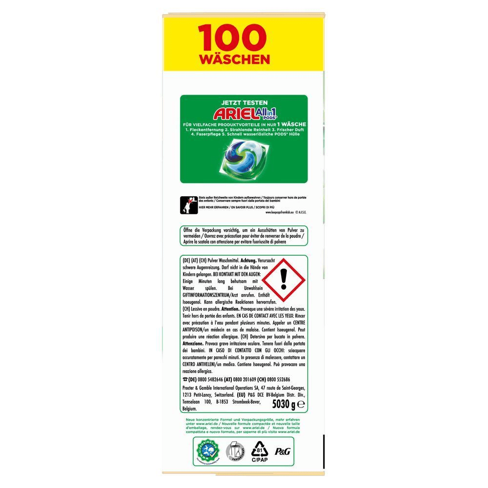 Ariel Verpackung, 100 Wäschen, Seitenansicht, hervorgehoben werden die vielfältigen Produktvorteile in nur 1 Wäsche & Dosierungsanleitung. Warnhinweis für Kinder, Kontaktdaten & die Inhatstoffe werden angezeigt. [EN] Ariel, Powder, Carton, Universal+, 5.030KG, 100 Washes, Right of Pack