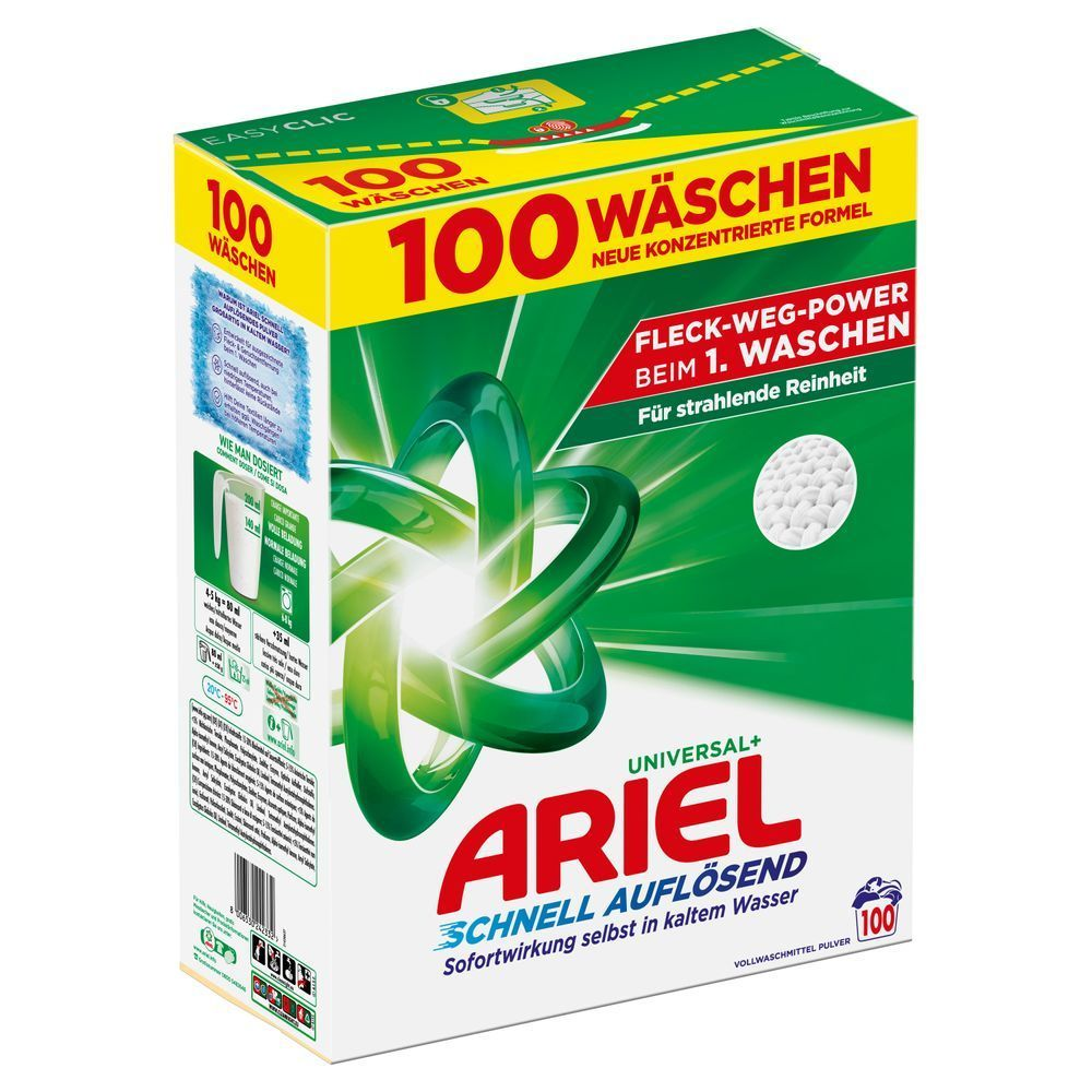 Ariel Universal+, Vollwaschmittel Pulver, 72 Wäschen, Fleck-Weg-Power beim 1.Waschen, Schnell auflösend, Für strahlende Reinheit, Neue konzentrierte Formel [EN] Ariel, Powder, Carton, Universal+, 5.030KG, 100 Washes, Front Left of Pack