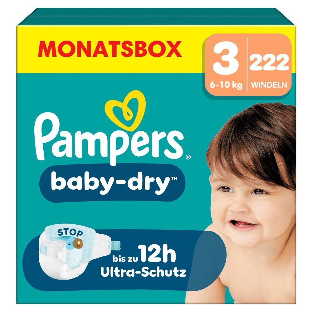 Pampers Baby-Dry Monatsbox, Größe 3, 222 Windeln, mit dem Versprechen von bis zu 12 Stunden Ultra-Schutz. [IT] Pampers baby-dry taglia 3, confezione mensile da 222 pannolini, con protezione ultra fino a 12 ore.;