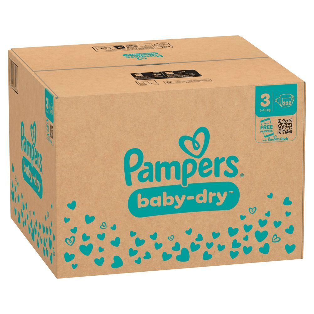 Pampers Baby-Dry Windeln, Größe 3 (6-10 kg), 222 Stück, mit Hinweis auf den Pampers Club. [IT] Pampers Baby-Dry, taglia 3 (6-10 kg), confezione con 222 pannolini e possibilità di ottenere Pampers in regalo con il Pampers Club.;