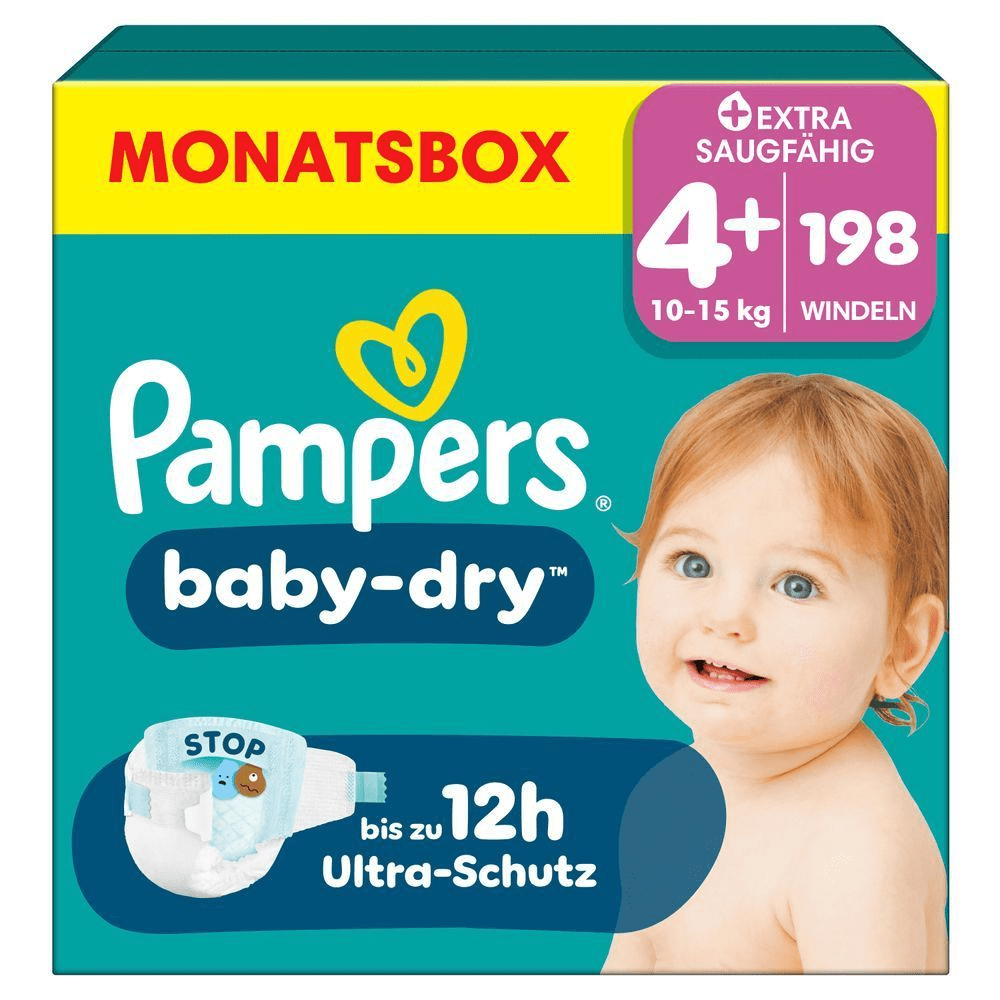Pampers Baby-Dry Monatsbox, Größe 4+, 198 Windeln, mit bis zu 12 Stunden Ultra-Schutz.