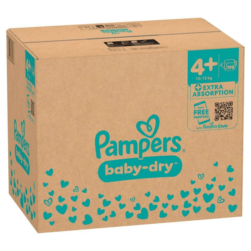 Pampers Baby-Dry Windeln, Größe 4+, 198 Windeln, 10-15 kg, im Karton mit der Aufschrift "extra saugfähig". [IT] Pampers Baby-Dry taglia 4+ (10-15 kg), confezione da 198 pannolini, che evidenzia la dicitura "Extra Absorption".;