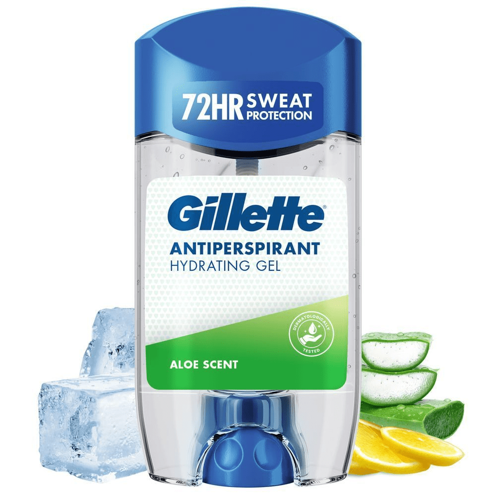 Gillette Antiperspirant Hydrating Gel, mit dem Aufdruck 72 Stunden Schweißschutz auf der Verpackung. [HR] Gillette Antiperspirant Hydrating Gel sa 72h zaštite od znojenja. [CS] Gillette Antiperspirant Hydrating Gel s 72hodinovou ochranou proti pocení. [HU] Gillette Antiperspirant Hydrating Gel, 72 órás izzadásgátló védelem aloe illattal. [SK] Gillette Antiperspirant Hydrating Gel s 72-hodinovou ochranou proti potu. [SL] Gillette Antiperspirant Hidratantni Gel z 72-urno zaščito pred znojenjem in vonjem aloje. [ES] Antitranspirante en gel hidratante Gillette con 72 horas de protección contra el sudor y aroma a aloe. [PT] Gillette fragrância de Aloe Vera Antitranspirante em Stick de Gel hidratante, destaque na embalagem para 72 horas de proteção contra o suor e testado dermatologicamente