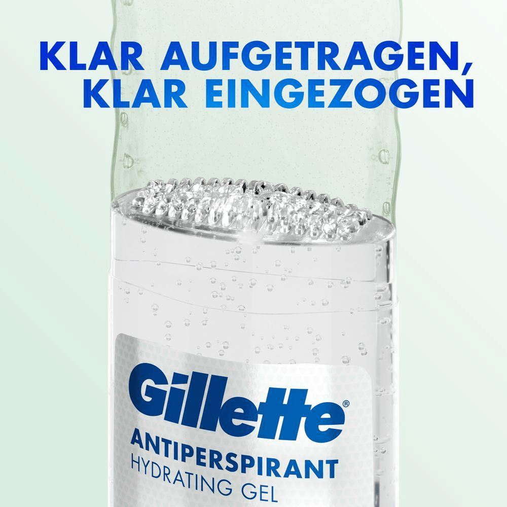 Gillette Antiperspirant Hydrating Gel mit dem Claim Klar aufgetragen, klar eingezogen.
