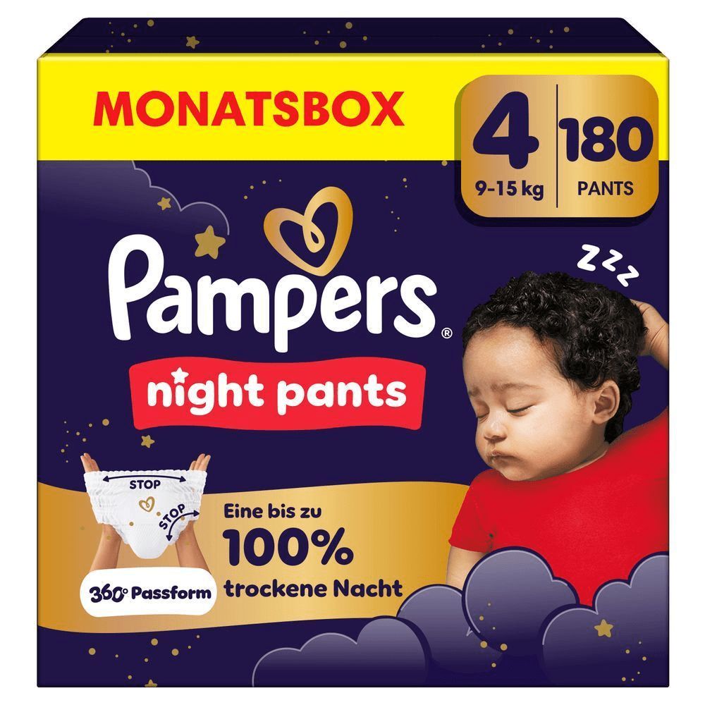 Pampers Night Pants Monatsbox, Größe 4, 180 Stück, mit dem Versprechen einer bis zu 100% trockenen Nacht.