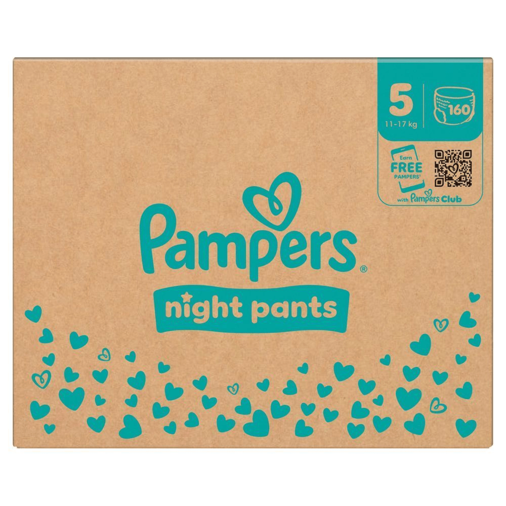 Pampers Night Pants Verpackung, Größe 5 (11-17kg), mit Hinweis auf 160 Windeln und die Möglichkeit, kostenlose Pampers mit Pampers Club zu erhalten.