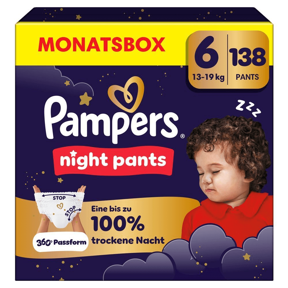 Pampers Night Pants Monatsbox Größe 6, 138 Stück, mit dem Versprechen einer bis zu 100% trockenen Nacht.