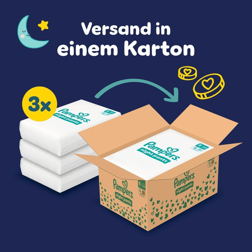 Das Bild zeigt, dass 3 Pampers Night Pants Größe 6 in einer Monatsbox inkludiert sind und in einem Karton versendet werden.