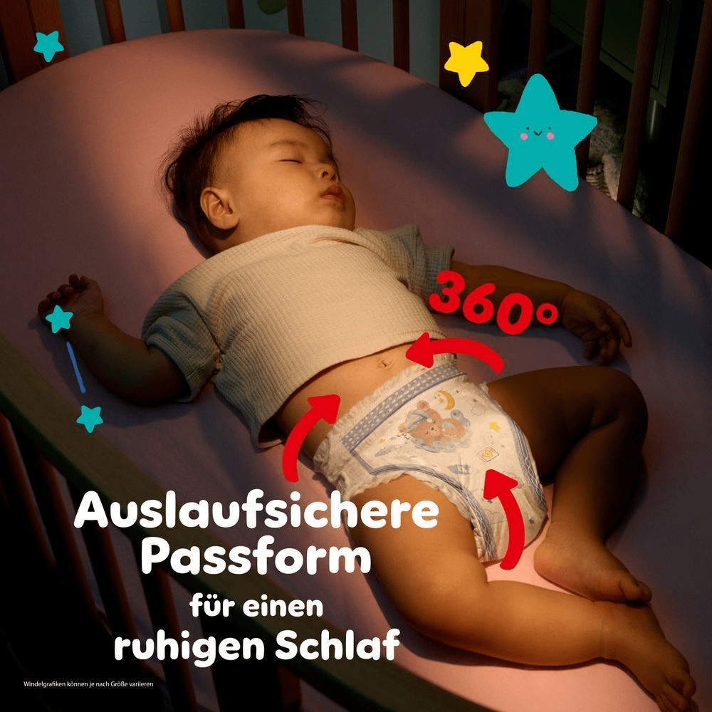 Pampers Windel mit hervorgehobenem "Stop & Schutz Täschchen", 360° dehnbares Bauchbündchen, schnell aufreißbare Seiten und super saugfähiger Kern.