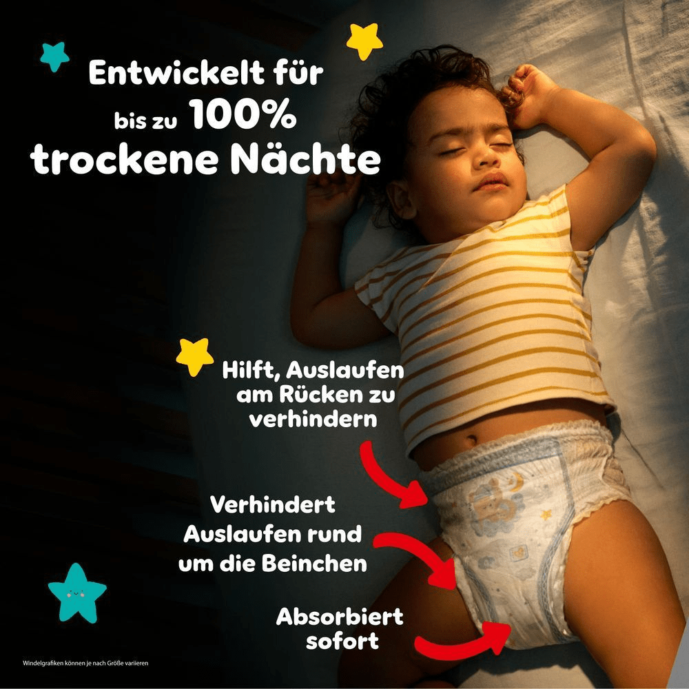 Pampers Windel-Anleitung in drei Schritten: Hochziehen wie eine Unterhose, Seitenbündchen aufreißen, einrollen und zukleben für einfaches Windelwechseln.