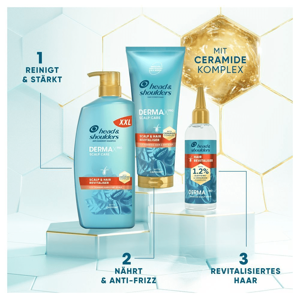 Drei Head & Shoulders DERMA X Haarpflegeprodukte mit Ceramide-Komplex für Reinigung und Pflege