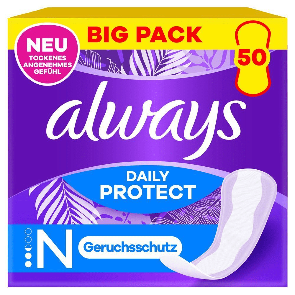 Always Daily Protect Big Pack, 50 Stück, bietet Geruchsschutz und neues trockenes Gefühl. [EN] Always Daily Protect pantyliners, size normal, 50 count, odour lock. Carton pack front panel in purple, Always logo dark purple. Big pack highlighted at the top in red caps on a yellow banner.
