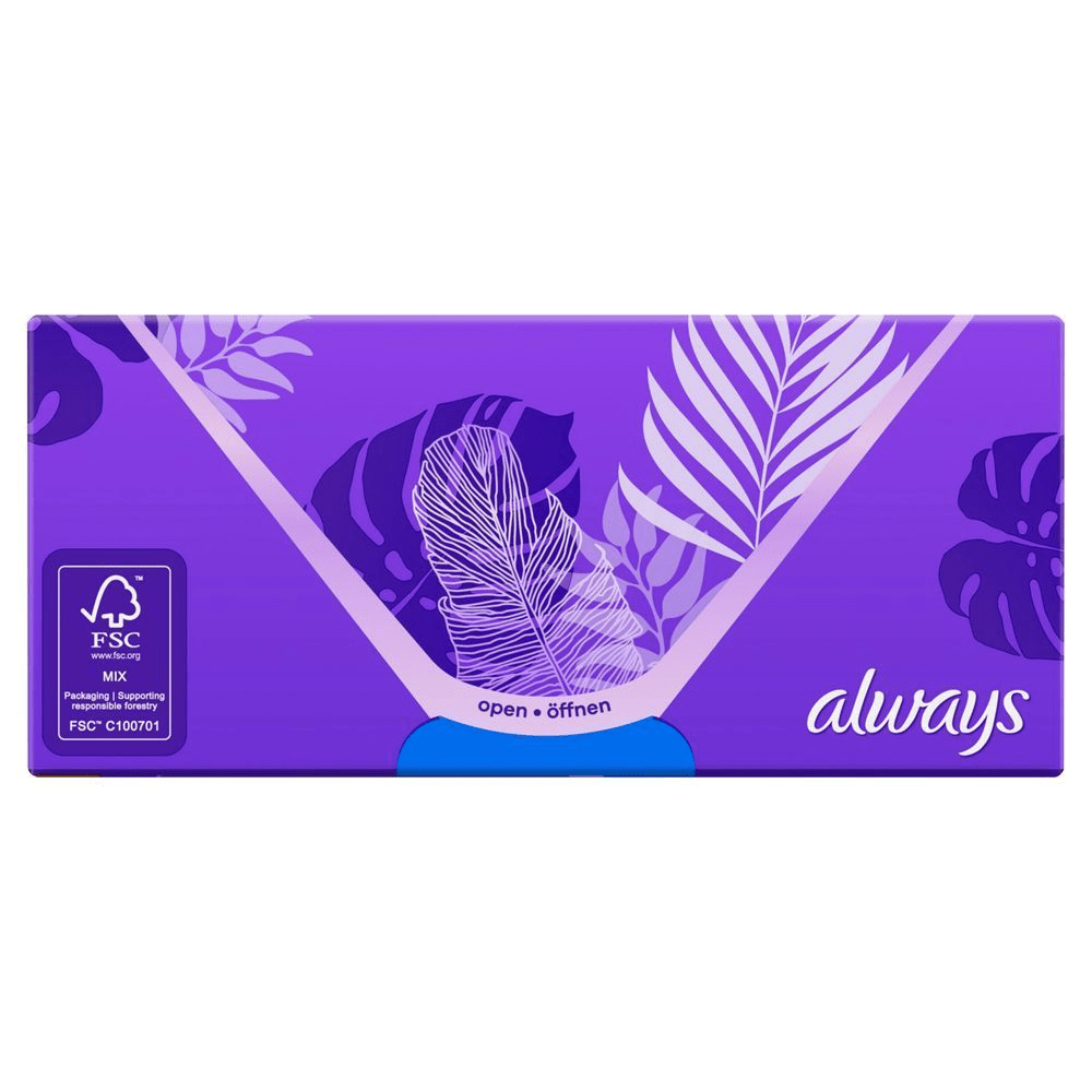 Always Slipeinlagen Verpackung mit der Aufschrift open • öffnen und dem FSC-Logo für verantwortungsvolle Forstwirtschaft. [EN] Always packaging with tropical leaf design and open in English and German.