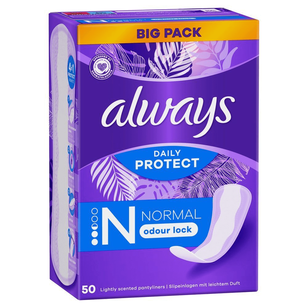Always Daily Protect Slipeinlagen, Normal, im Großpack mit der Aufschrift "Odour Lock" für Geruchsbindung. [EN] Always Daily Protect Normal pantyliners, "Big Pack" box highlighting the "odour lock" feature.;