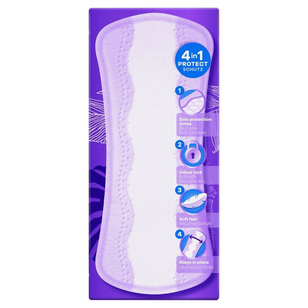 Always Slipeinlagen-Verpackung mit dem Vermerk "4 in 1 Protect Schutz", der die seitlichen Schutzzonen, den Geruchsverschluss, das weiche Gefühl und den sicheren Halt hervorhebt. [EN] Always liners packaging highlighting '4 in 1 protect' with side protection zones, odour lock, soft feel, and stays in place.;