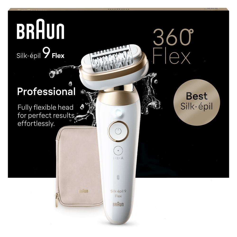 Braun Silk-épil 9 Flex Epilierer mit Verpackung, hervorgehoben wird der 360° flexible Kopf für perfekte Ergebnisse. [RO] Braun Silk-épil 9 Flex Professional, cu ambalajul său și husa de depozitare care evidențiază capul flexibil la 360° pentru rezultate perfecte, fără efort. [IT] Braun Silk-épil 9 Flex Professional con confezione che evidenzia la testina completamente flessibile per risultati perfetti senza sforzo. [CS] Braun Silk-épil 9 Flex Professional s obalem, zdůrazňující plně flexibilní hlavu pro dokonalé výsledky bez námahy. [HU] Braun Silk-épil 9 Flex epilátor a csomagolásán, kiemelve a teljesen flexibilis fejjel a tökéletes eredményt, könnyedén. [SK] Braun Silk-épil 9 Flex s obalom, ktorý zdôrazňuje plne flexibilnú hlavu pre dokonalé výsledky bez námahy.;