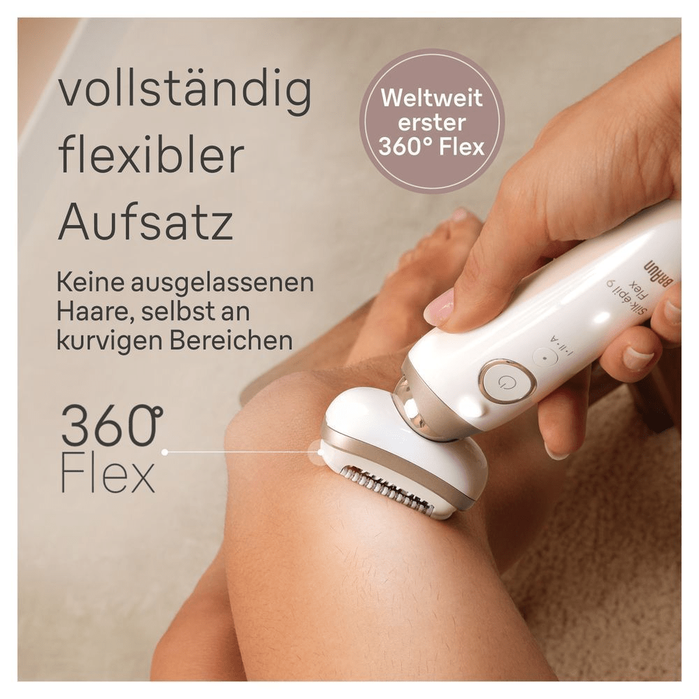 Braun Silk-épil 9 Flex in Anwendung, der flexible Kopf sorgt für eine vollständige Haarentfernung selbst an kurvigen Stellen.