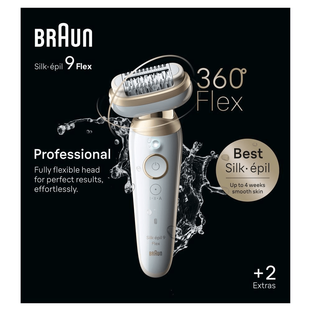 Braun Silk-épil 9 Flex Epilierer, hervorgehoben wird die 360° Flexibilität für perfekte Ergebnisse und bis zu 4 Wochen glatte Haut. [RO] Braun Silk-épil 9 Flex, evidențiind capul complet flexibil pentru rezultate perfecte și piele fină până la 4 săptămâni. [IT] Braun Silk-épil 9 Flex che evidenzia la testina completamente flessibile per risultati perfetti e senza sforzo. [CS] Braun Silk-épil 9 Flex s obalem, zdůrazňující 360° flexibilní hlavu pro dokonalé výsledky a až 4 týdny hladké pokožky. [HU] Braun Silk-épil 9 Flex epilátor, kiemelve a 360°-os flexibilis fejet a tökéletes eredményért, könnyedén. [SK] Braun Silk-épil 9 Flex s flexibilnou hlavou a označením "Až 4 týždne hladkej pokožky". [SL] Braun Silk-épil 9 Flex epilator, poudarja "Best Silk-épil" in obljubo do 4 tedne gladke kože.;