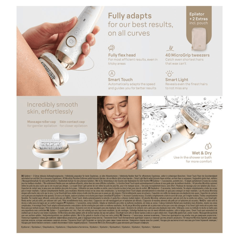 Braun Epilierer mit Verpackung, hervorgehoben sind die 40 MicroGrip Pinzetten, die selbst kürzeste Härchen erfassen. [RO] Braun epilator prezentat cu ambalajul său și mențiunea „Epilator + 2 Extras incl. pouch”. [IT] Braun epilatore con custodia e due accessori extra, che si adatta completamente alle curve per risultati ottimali. [CS] Braun epilátor se dvěma nástavci a pouzdrem, s plně flexibilní hlavou pro efektivní výsledky i v obtížných oblastech. [HU] Braun epilátor + 2 extra tartozékkal, beleértve a tárolótasakot, kiemelve a 40 MicroGrip csipeszt, amelyek a legkisebb szőrszálakat is eltávolítják. [SK] Braun epilátor s dvoma nadstavcami a puzdrom, plne sa prispôsobí pre najlepšie výsledky na všetkých krivkách. [SL] Braun epilator s priloženima 2 dodatnima nastavkoma in torbico, ki se popolnoma prilagaja telesnim krivuljam za najboljše rezultate.;