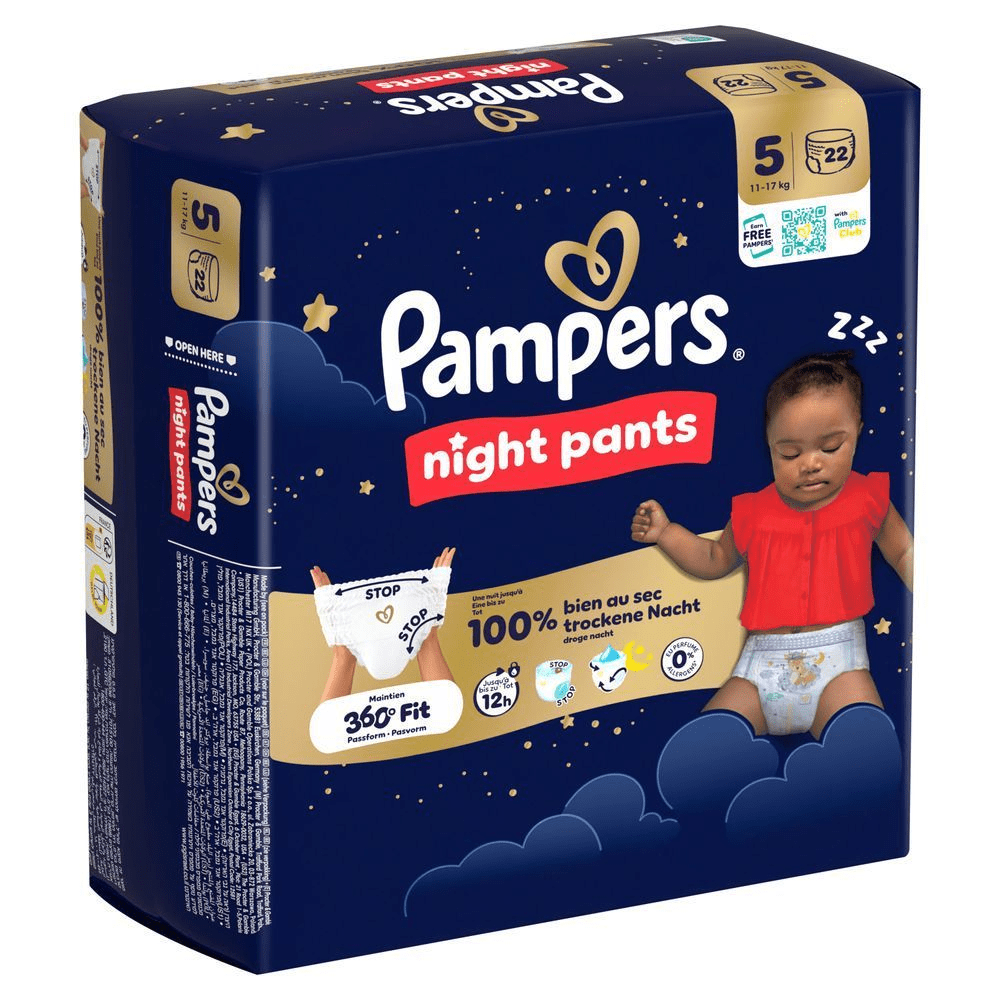 Pampers Night Pants Größe 5, 22 Stück, mit dem Aufdruck 100% trockene Nacht.