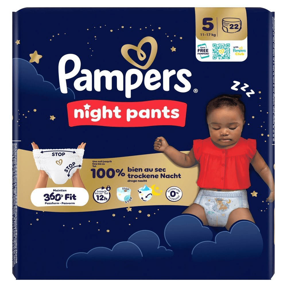 Pampers Night Pants Verpackung, hervorgehoben wird der Anspruch 100% trockene Nacht.