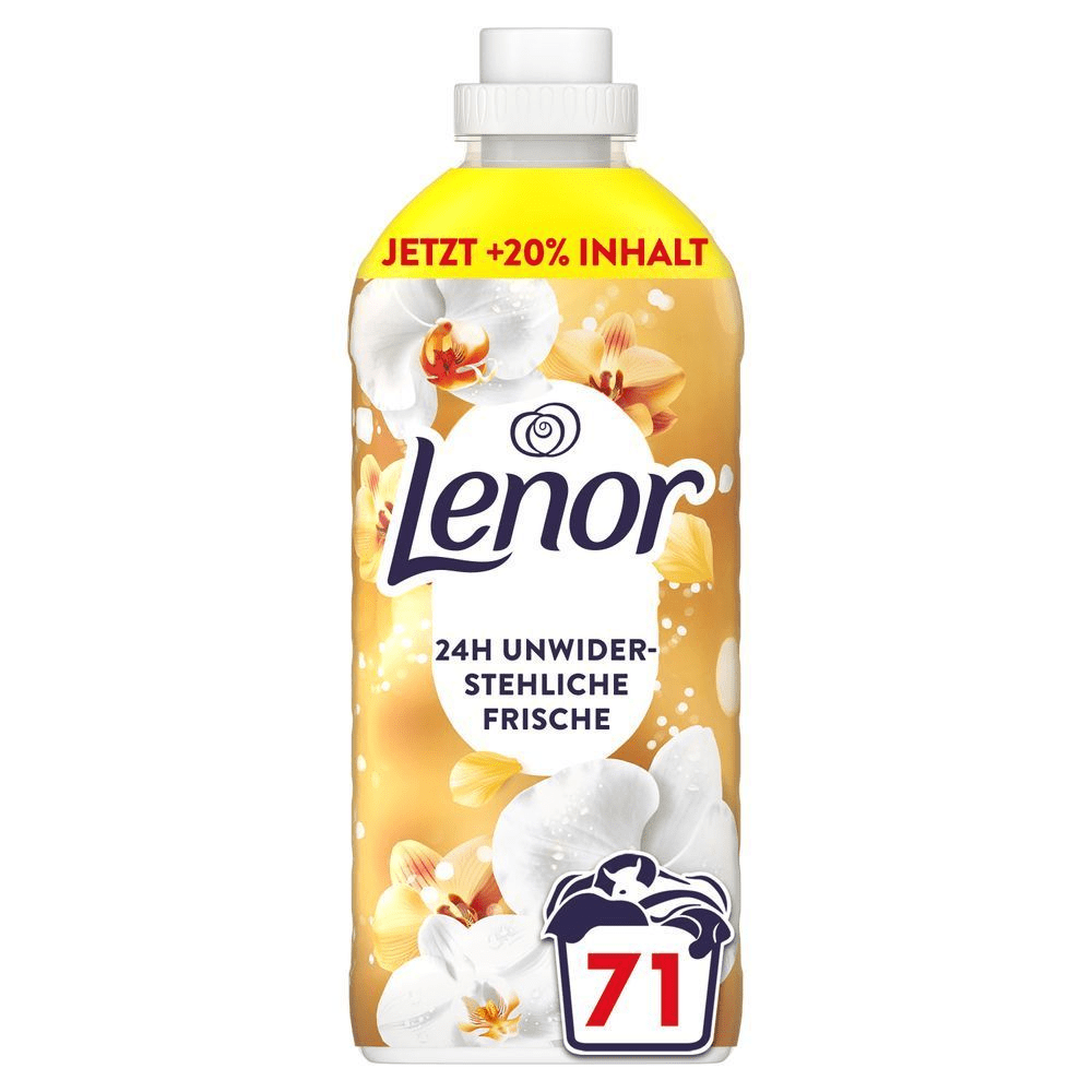 Lenor Weichspüler Flasche mit dem Hinweis +20% Inhalt für 71 Wäschen und dem Versprechen 24h unwiderstehlicher Frische.