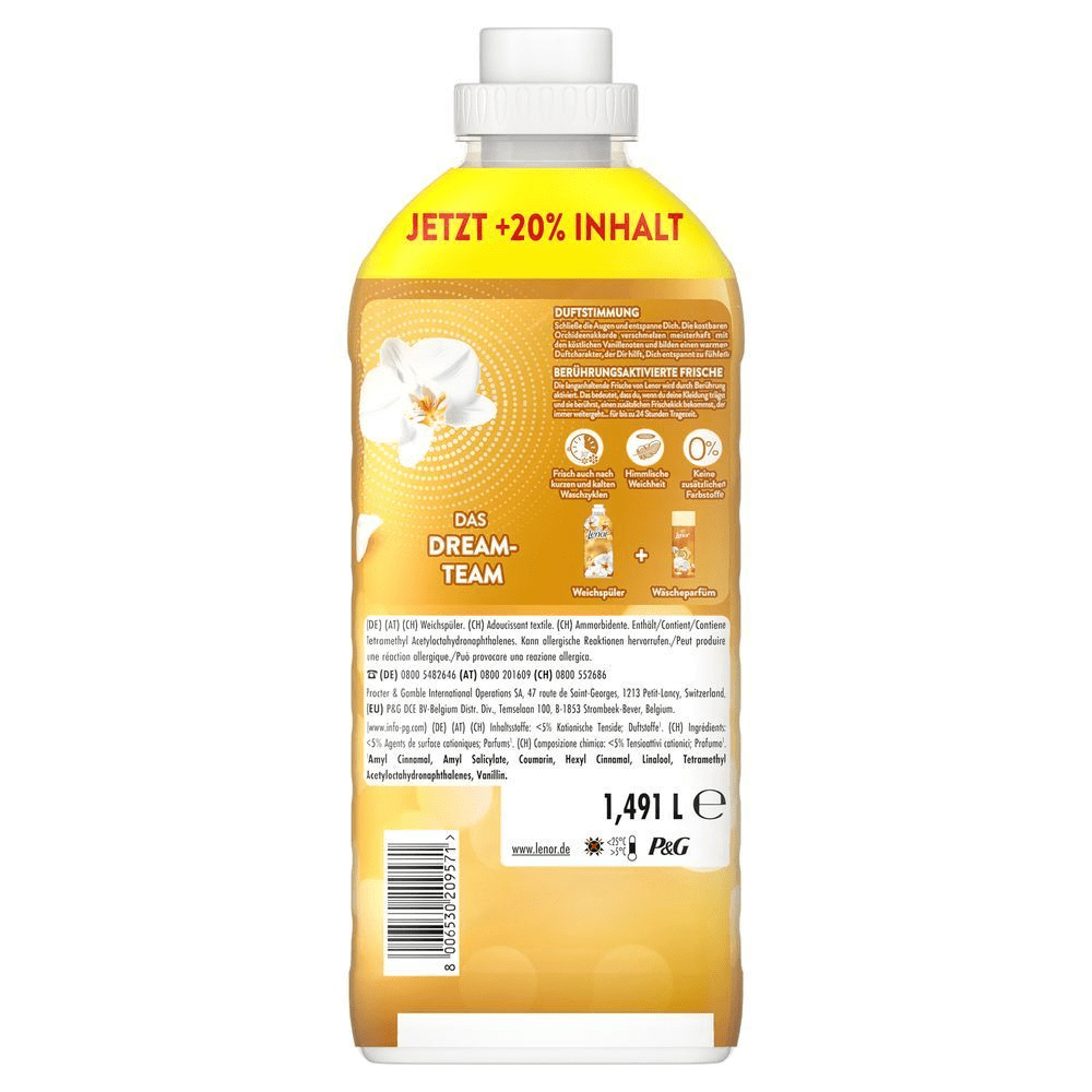 Lenor Weichspüler Flasche mit dem Hinweis +20% Inhalt und berührungsaktivierter Frische für bis zu 24 Stunden Tragezeit. [IT] Lenor ammorbidente con orchidea e vaniglia, con la promessa di freschezza attivata dal tocco fino a 24 ore.
