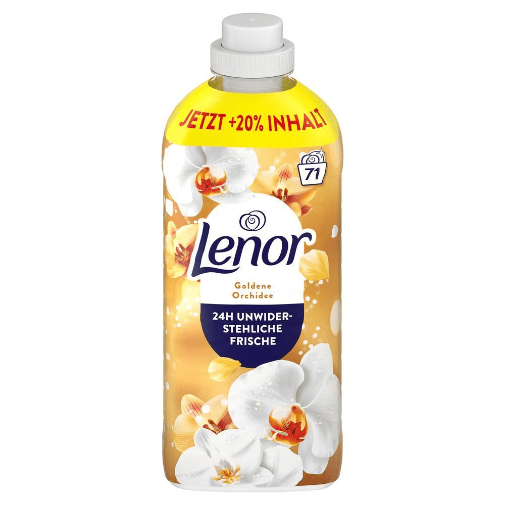 Lenor Goldene Orchidee Weichspüler Flasche mit dem Hinweis Jetzt +20% Inhalt und 24h unwiderstehliche Frische. [IT] Lenor Goldene Orchidee con +20% di contenuto extra indicato sulla confezione.