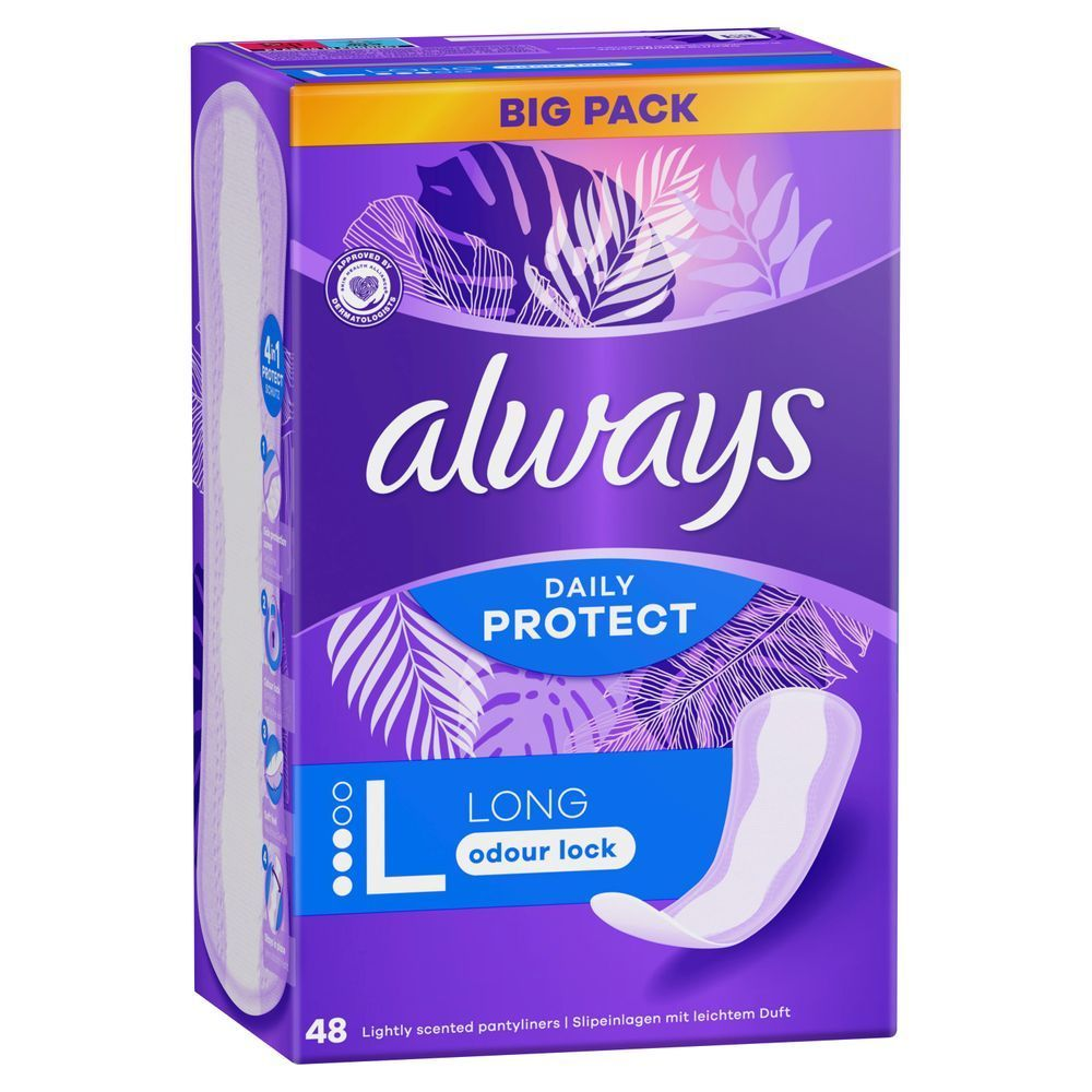 Always Daily Protect Slipeinlagen, grosse Packung, mit der Hervorhebung "Long" und "Odour Lock".;