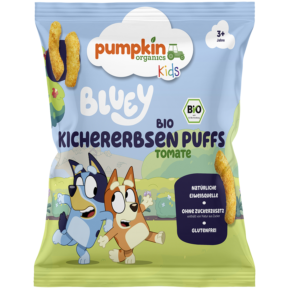 Bild: pumpkin organics Bluey Bio Kichererbsen Puffs Tomate