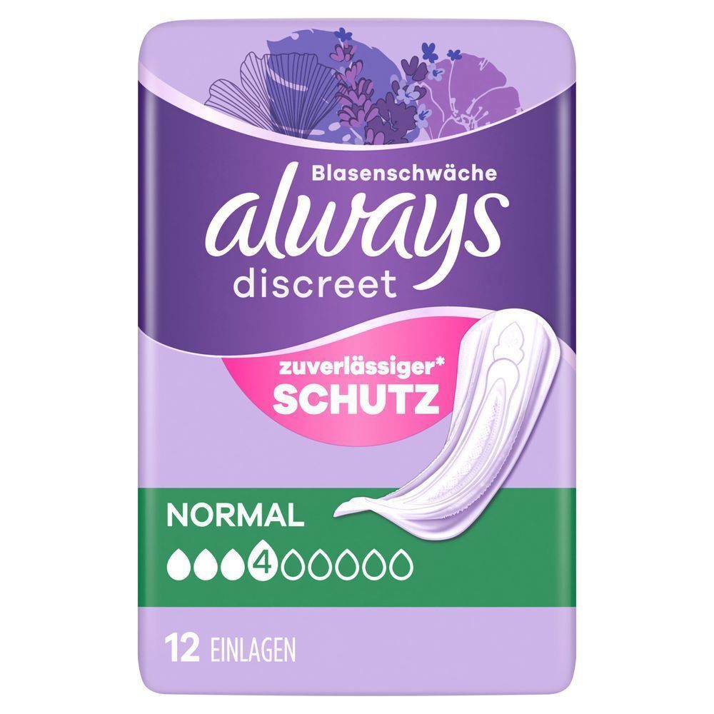 Always Discreet pads, size normal, 4 drops, 12 count, without wings, sensitive bladder, complete protection. Plastic pack front pane l in purple, Always logo dark purple.