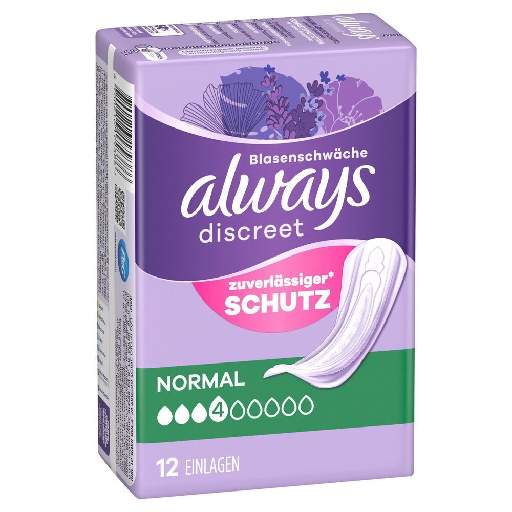 Always Discreet Einlagen für Blasenschwäche, Normal, 4 Tropfen, 12 Stück, Zuverlässiger Schutz;