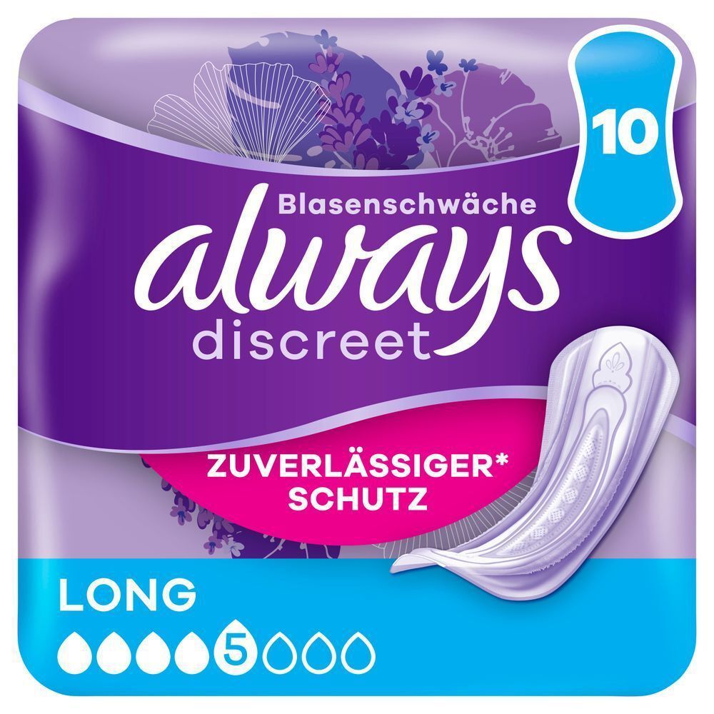 Always Discreet Einlagen für Blasenschwäche, Long, 5 Tropfen, 10 Stück, zuverlässiger Schutz