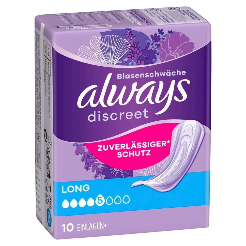 Always Discreet Einlagen für Blasenschwäche, Long, 5 Tropfen, 10 Stück, Zuverlässiger Schutz;